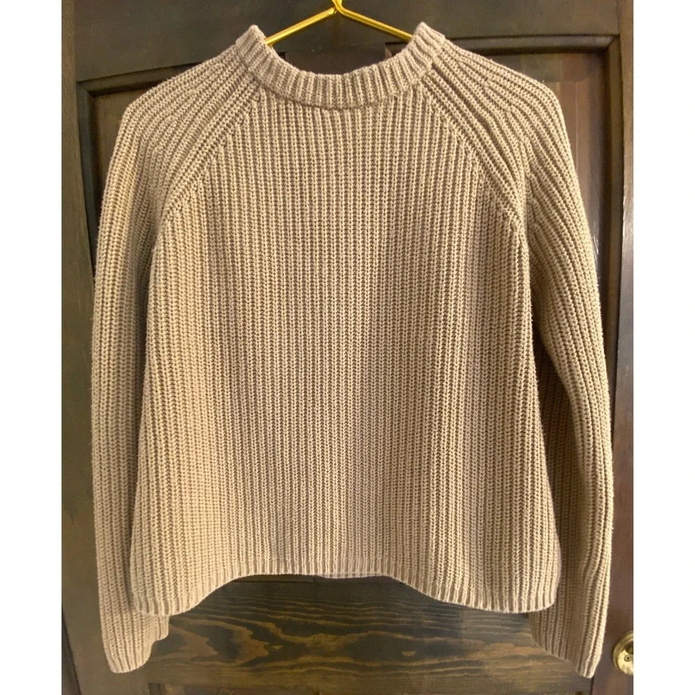 Quince Organic Cotton Fisherman Sweater Tan Camel Ribbed Crewneck XS - Picture 2 of 7
